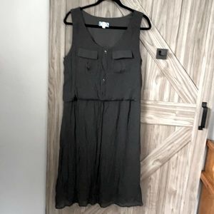 Army green dress with front pockets, faux buttons